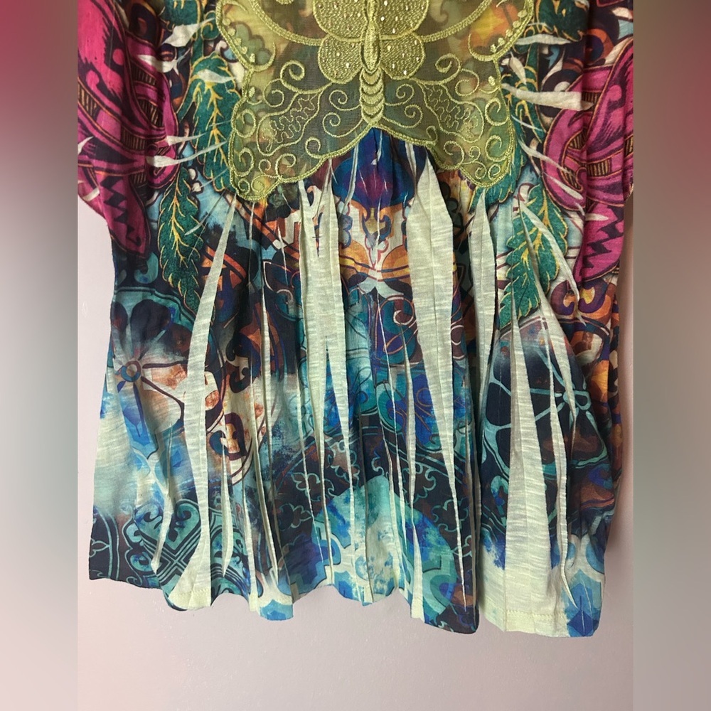 One World Y2K Multi Colored Abstract Butterfly V-Neck Top Size S - Picture 4 of 9
